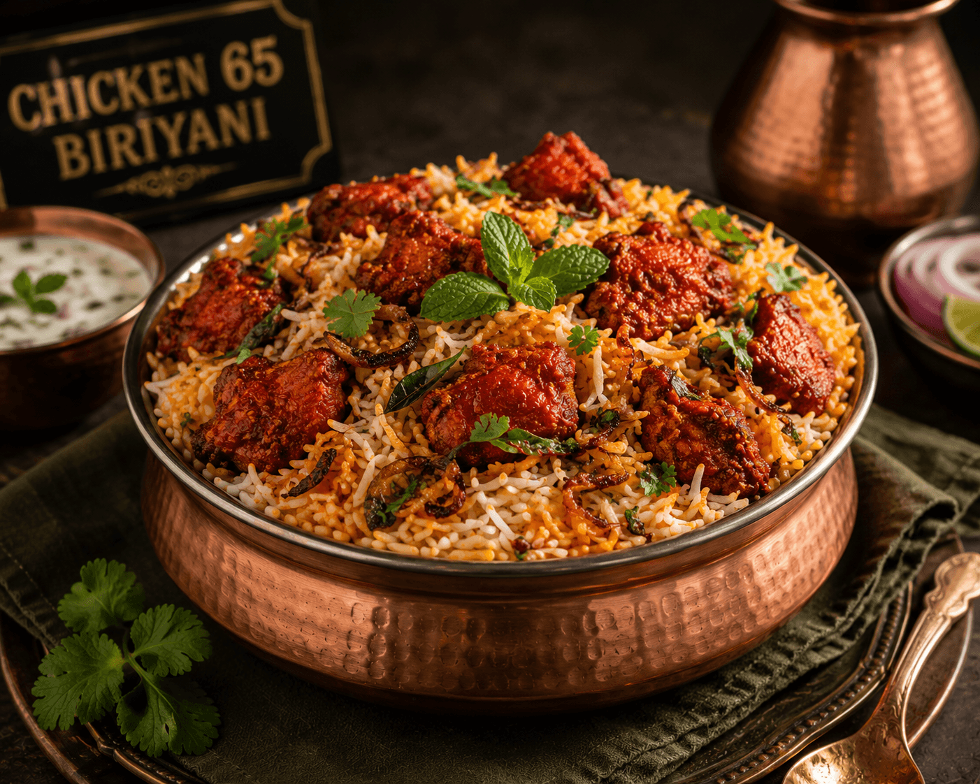 Chicken 65 biryani with rich masala and herbs