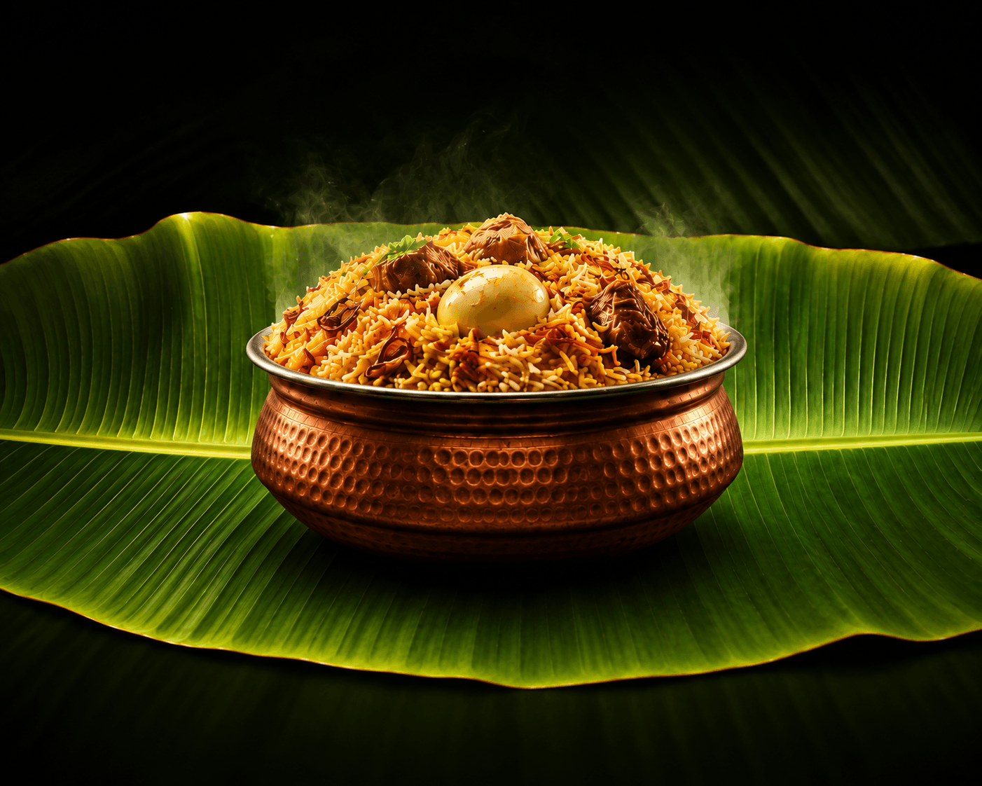 A dramatic biryani spread with brass bowls and South Indian sides