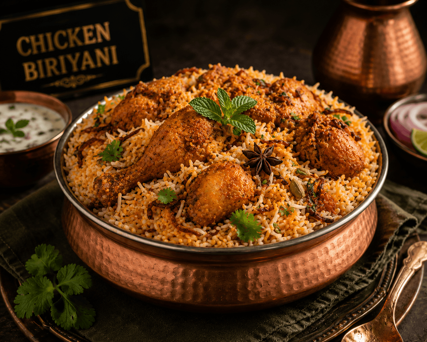 Chicken biryani served in a brass bowl with raita