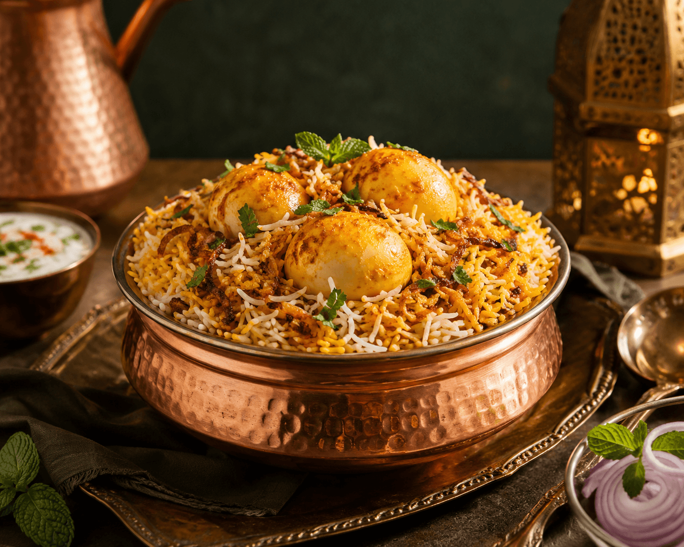 Egg biryani topped with boiled eggs and herbs