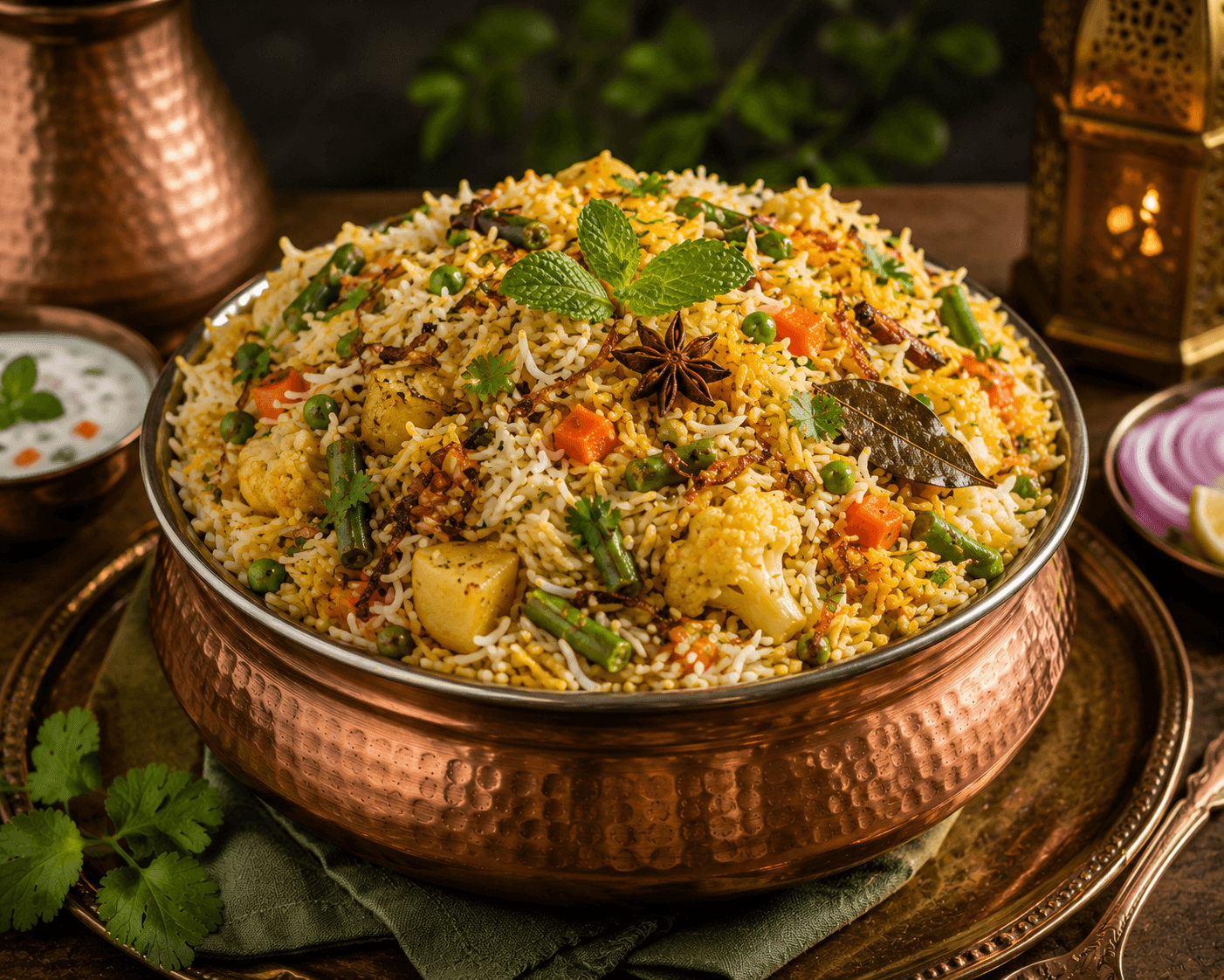 Vegetable biryani with carrots, peas, and herbs
